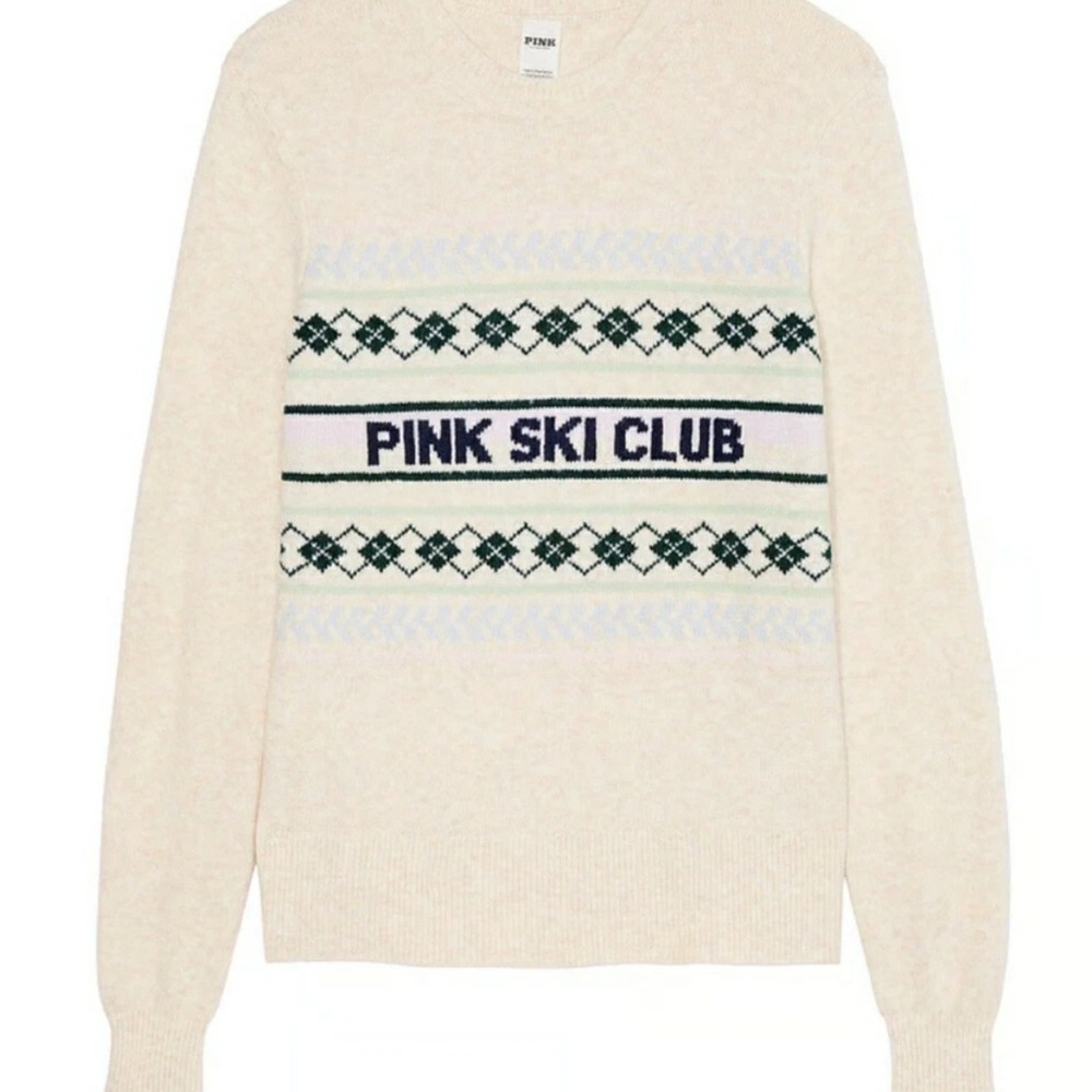 VICTORIA'S SECRET PINK SKI CLUB Collegiate Ivory Knit Crewneck Sweater NEW LG